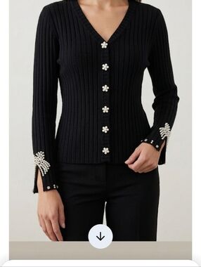 ChicMe Black Ribbed Cardigan - Size Large - Pearl Bows & Jewel Cuffs